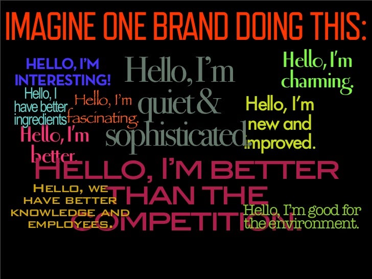 IMAGINE ONE BRAND DOING THIS:
                                  Hello, I’m
   HELLO, I’M
INTERESTING!      Hello,I’m      ...