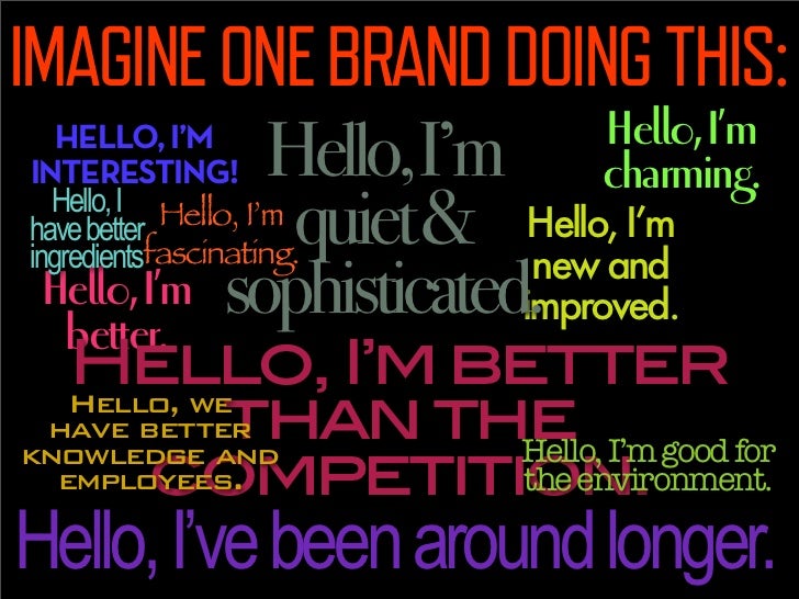 IMAGINE ONE BRAND DOING THIS:
                              Hello, I’m
   HELLO, I’M
INTERESTING!  Hello,I’m charming.
hav...