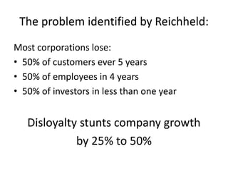 The problem identified by Reichheld:
Most corporations lose:
• 50% of customers ever 5 years
• 50% of employees in 4 years
• 50% of investors in less than one year


   Disloyalty stunts company growth
             by 25% to 50%
 