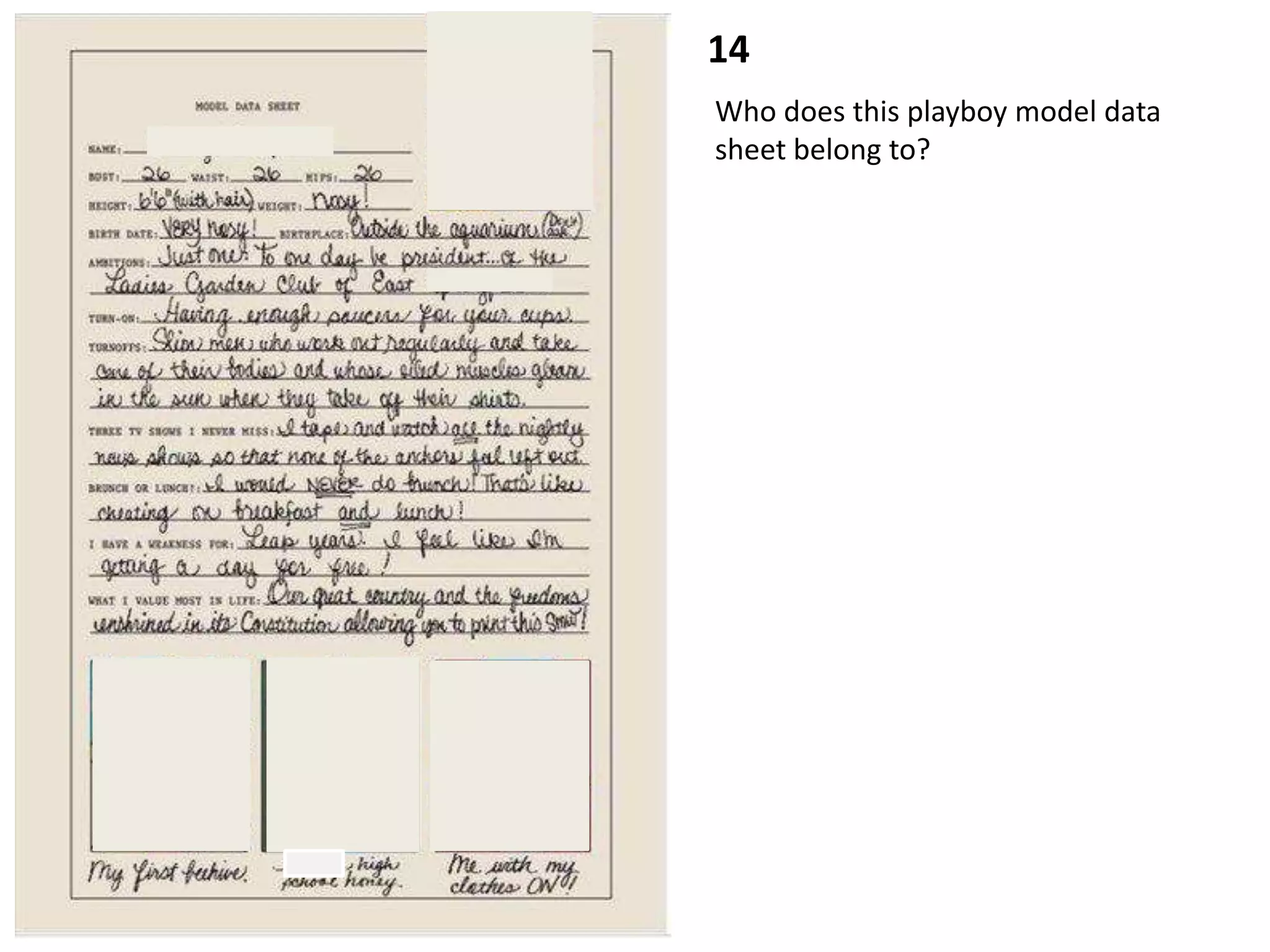 14
Who does this playboy model data
sheet belong to?
 