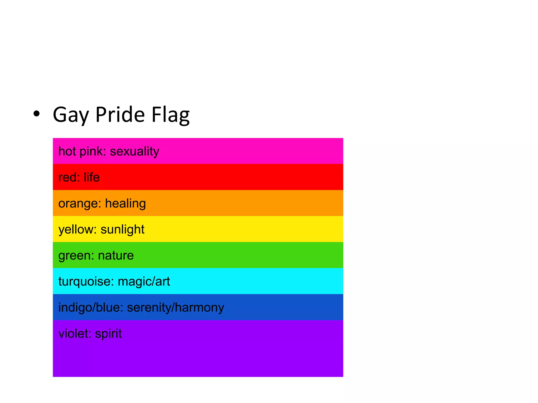 • Gay Pride Flag
  hot pink: sexuality

  red: life

  orange: healing

  yellow: sunlight

  green: nature

  turquoise: magic/art

  indigo/blue: serenity/harmony

  violet: spirit
 