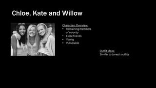 Chloe, Kate and Willow
Characters Overview:
• Remaining members
of sorority
• Close friends
• Young
• Vulnerable
Outfit Ideas:
Similar to Janey’s outfits
 