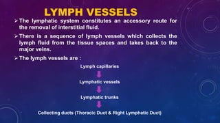 LYMPH VESSELS
The lymphatic system constitutes an accessory route for
the removal of interstitial fluid.
There is a sequence of lymph vessels which collects the
lymph fluid from the tissue spaces and takes back to the
major veins.
The lymph vessels are :
Lymph capillaries
Lymphatic vessels
Lymphatic trunks
Collecting ducts (Thoracic Duct & Right Lymphatic Duct)
 