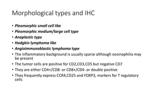 Morphological types and IHC
• Pleomorphic small cell like
• Pleomorphic medium/large cell type
• Anaplastic type
• Hodgkin lymphoma like
• Angioimmunoblastic lymphoma type
• The inflammatory background is usually sparse although eosinophilia may
be present
• The tumor cells are positive for CD2,CD3,CD5 but negative CD7
• They are either CD4+/CD8- or CD8+/CD4- or double positive
• They frequently express CCR4,CD25 and FOXP3, markers for T regulatory
cells
 