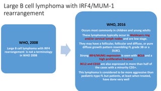 Large B cell lymphoma with IRF4/MUM-1
rearrangement
WHO, 2008
Large B cell lymphoma with IRF4
rearrangement is not a terminology
in WHO 2008
WHO, 2016
Occurs most commonly in children and young adults
These lymphomas typically occur in Waldeyers ring
and/or cervical lymph nodes and are low stage.
They may have a follicular, follicular and diffuse, or pure
diffuse growth pattern resembling FL grade 3B or a
DLBCL
Strong IRF4/MUM1 expression is seen with BCL6 and a
high proliferative fraction
BCL2 and CD10 are also expressed in more than half of
the cases with a minority CD5+.
This lymphoma is considered to be more aggressive than
pediatric-type FL but patients, at least when treated,
have done very well
 