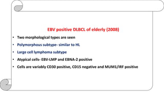 EBV positive DLBCL of elderly (2008)
• Two morphological types are seen
• Polymorphous subtype- similar to HL
• Large cell lymphoma subtype
• Atypical cells- EBV-LMP and EBNA-2 positive
• Cells are variably CD30 positive, CD15 negative and MUM1/IRF positive
 