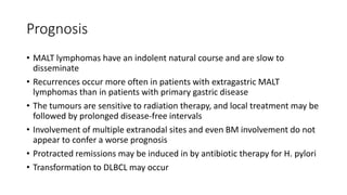 Prognosis
• MALT lymphomas have an indolent natural course and are slow to
disseminate
• Recurrences occur more often in patients with extragastric MALT
lymphomas than in patients with primary gastric disease
• The tumours are sensitive to radiation therapy, and local treatment may be
followed by prolonged disease-free intervals
• Involvement of multiple extranodal sites and even BM involvement do not
appear to confer a worse prognosis
• Protracted remissions may be induced in by antibiotic therapy for H. pylori
• Transformation to DLBCL may occur
 