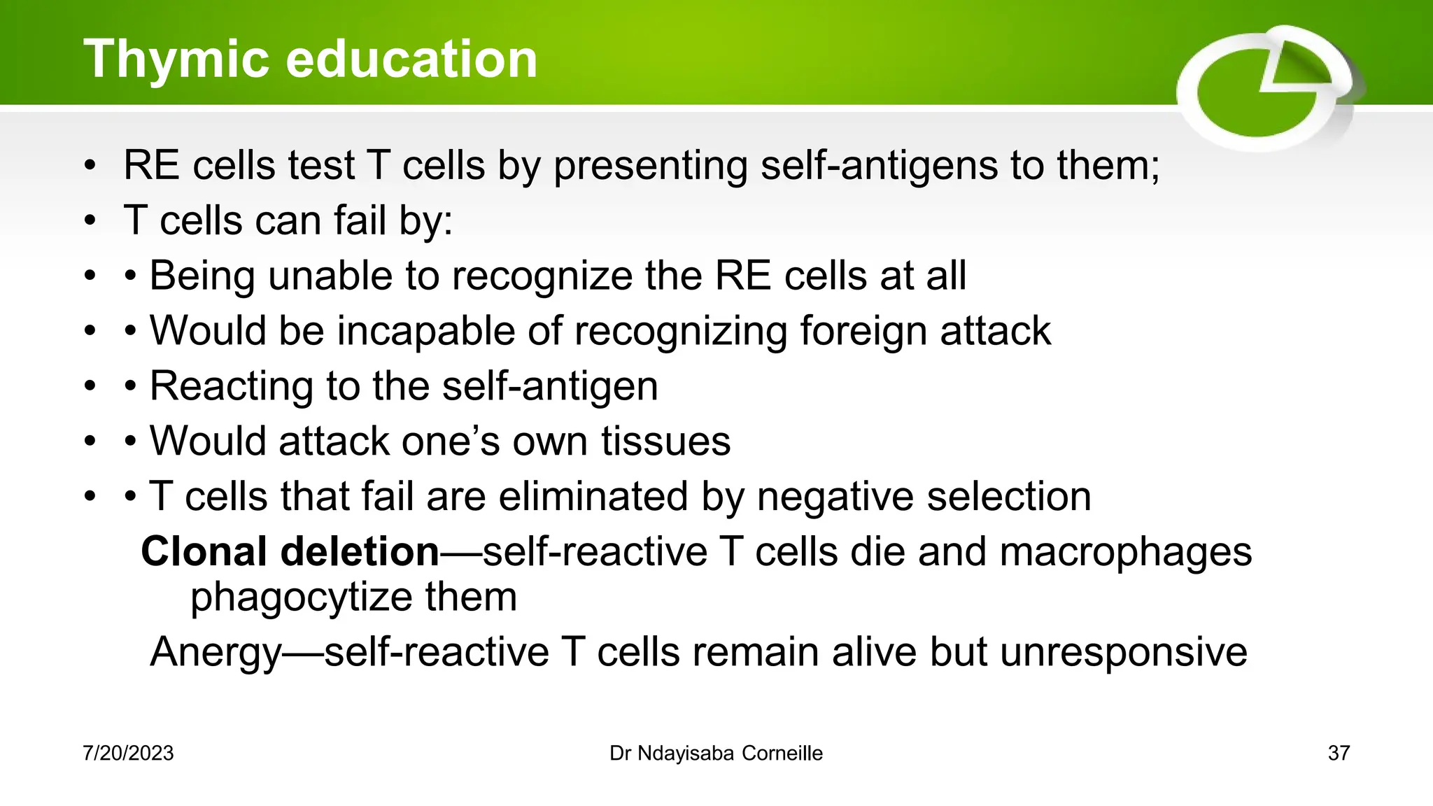 Thymic education
• RE cells test T cells by presenting self-antigens to them;
• T cells can fail by:
• • Being unable to recognize the RE cells at all
• • Would be incapable of recognizing foreign attack
• • Reacting to the self-antigen
• • Would attack one‘s own tissues
• • T cells that fail are eliminated by negative selection
Clonal deletion—self-reactive T cells die and macrophages
phagocytize them
Anergy—self-reactive T cells remain alive but unresponsive
7/20/2023 Dr Ndayisaba Corneille 37
 