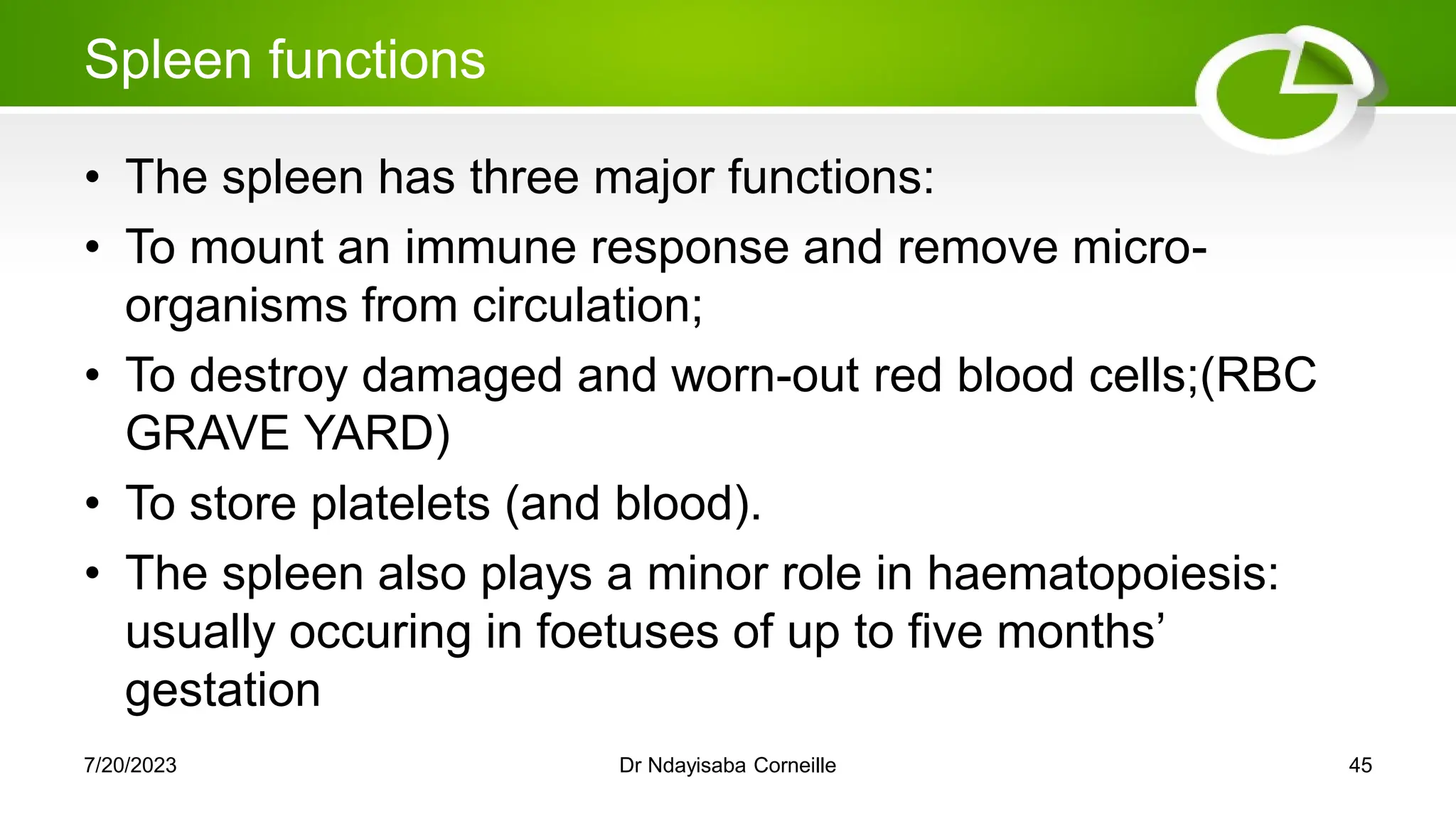 Spleen functions
• The spleen has three major functions:
• To mount an immune response and remove micro-
organisms from circulation;
• To destroy damaged and worn-out red blood cells;(RBC
GRAVE YARD)
• To store platelets (and blood).
• The spleen also plays a minor role in haematopoiesis:
usually occuring in foetuses of up to five months‘
gestation
7/20/2023 Dr Ndayisaba Corneille 45
 