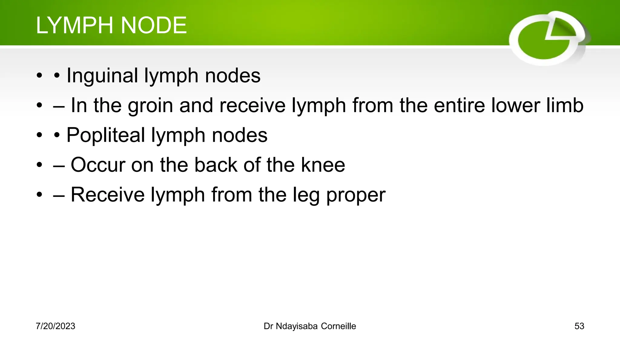 LYMPH NODE
• • Inguinal lymph nodes
• – In the groin and receive lymph from the entire lower limb
• • Popliteal lymph nodes
• – Occur on the back of the knee
• – Receive lymph from the leg proper
7/20/2023 Dr Ndayisaba Corneille 53
 