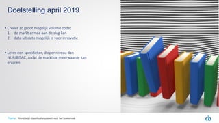 • Creëer zo groot mogelijk volume zodat
1. de markt ermee aan de slag kan
2. data uit data mogelijk is voor innovatie
• Lever een specifieker, dieper niveau dan
NUR/BISAC, zodat de markt de meerwaarde kan
ervaren
Doelstelling april 2019
Thema Wereldwijd classificatiesysteem voor het boekenvak
 