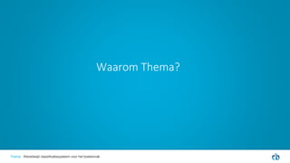 Waarom Thema?
Thema Wereldwijd classificatiesysteem voor het boekenvak
 