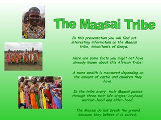 In this presentation you will find out
interesting information on the Maasai
     tribe, inhabitants of Kenya.


Here are some facts you might not have
already known about this African Tribe:

A mans wealth is measured depending on
the amount of cattle and children they
                 have.

 In the tribe every male Maasai passes
through three main life stages; boyhood,
      warrior-hood and elder-hood.

  The Maasai do not break the ground
   because they believe it is sacred.
 