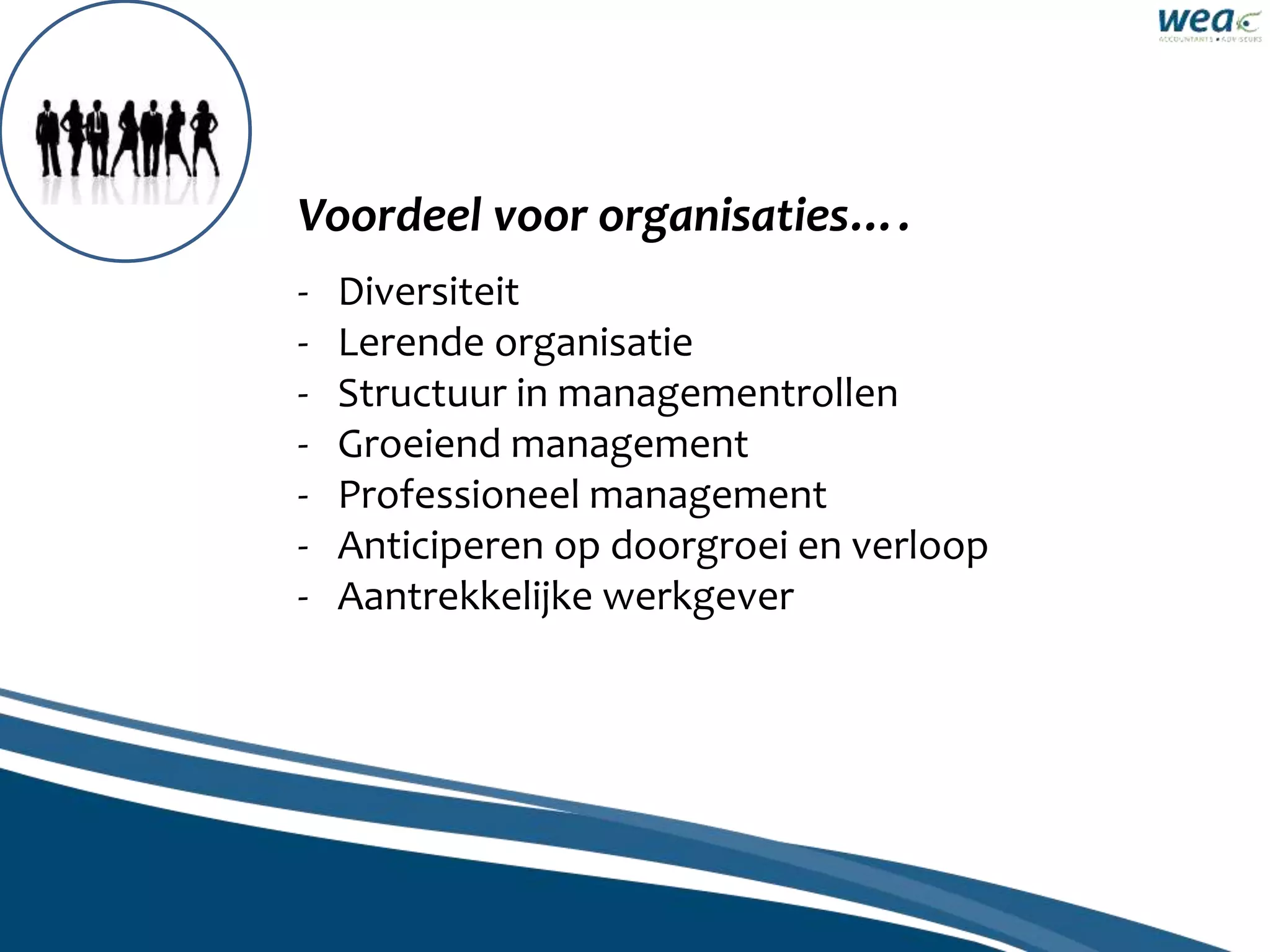Voordeel voor organisaties….
- Diversiteit
- Lerende organisatie
- Structuur in managementrollen
- Groeiend management
- Professioneel management
- Anticiperen op doorgroei en verloop
- Aantrekkelijke werkgever
 