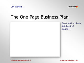 © Macaw Management Ltd
www.macawgroup.com
www.macawgroup.com© Macaw Management Ltd
Get started...
The One Page Business Plan
Start with a clean
A4 sheet of
paper...
 
