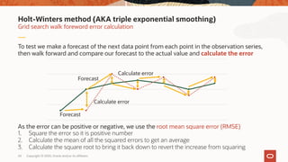 Copyright © 2020, Oracle and/or its affiliates24
To test we make a forecast of the next data point from each point in the observation series,
then walk forward and compare our forecast to the actual value and calculate the error
As the error can be positive or negative, we use the root mean square error (RMSE)
1. Square the error so it is positive number
2. Calculate the mean of all the squared errors to get an average
3. Calculate the square root to bring it back down to revert the increase from squaring
Grid search walk foreword error calculation
Holt-Winters method (AKA triple exponential smoothing)
Forecast
Calculate error
Forecast
Calculate error
 