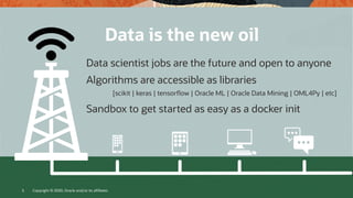 Data is the new oil
Data scientist jobs are the future and open to anyone
Algorithms are accessible as libraries
[scikit | keras | tensorflow | Oracle ML | Oracle Data Mining | OML4Py | etc]
Sandbox to get started as easy as a docker init
Copyright © 2020, Oracle and/or its affiliates5
 