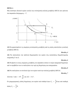 ΘΕΜΑ Δ 
Μια ποζόηηηα ιδανικού αερίοσ εκηελεί ηην ανηιζηρεπηή κσκλική μεηαβολή ΑΒΓΓΑ ποσ θαίνεηαι 
ζηο παρακάηω διάγραμμα p – V. 
4 
0 
Γ 
B 
A 
Γ 
TΓ 
Δ1) Να ταρακηηρίζεηε ηις επιμέροσς ανηιζηρεπηές μεηαβολές από ηις οποίες αποηελείηαι η κσκλική 
μεηαβολή ΑΒΓΓΑ. 
Μονάδες 4 
Δ2) Να σπολογίζεηε ηην απόλσηη θερμοκραζία ηοσ αερίοσ ζηις καηαζηάζεις θερμοδσναμικής 
ιζορροπίας Γ και Γ. 
Μονάδες 6 
Δ3) Να βρείηε ζε ποιες επιμέροσς μεηαβολές ηοσ παραπάνω κύκλοσ ηο αέριο απορροθά θερμόηηηα 
από ηο περιβάλλον και να σπολογίζεηε ηην ηιμή ηης θερμόηηηας ποσ απορροθάηαι. 
Μονάδες 8 
Δ4) Να σπολογίζεηε ηο ζσνολικό έργο ηοσ αερίοσ καηά ηην κσκλική μεηαβολή ΑΒΓΓΑ . 
Μονάδες 7 
Γίνονηαι: 5 
N 
2 
1 atm 10 
m 
 
και ln2  0,7 . 
Οι γραμμομοριακές ειδικές θερμόηηηες ηοσ αερίοσ σπό ζηαθερό όγκο V 
3 
R 
2 
C  και σπό ζηαθερή 
πίεζη P 
5 
R 
2 
C  . 
A 
B TΓ 
TA = 400 K 
p (atm) 
2 V (L) 
2 
0 4 
6 
 