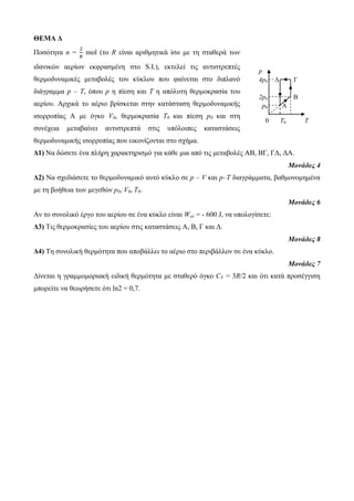 ΘΕΜΑ Δ 
Ποζόηεηα n = 
mol (ηο R είλαη αρηζκεηηθά ίζο κε ηε ζηαζερά ηωλ 
ηδαληθώλ αερίωλ εθθραζκέλε ζηο S.I.), εθηειεί ηης αληηζηρεπηές 
ζερκοδσλακηθές κεηαβοιές ηοσ θύθιοσ ποσ θαίλεηαη ζηο δηπιαλό 
δηάγρακκα p – T, όποσ p ε πίεζε θαη T ε απόισηε ζερκοθραζία ηοσ 
αερίοσ. Αρτηθά ηο αέρηο βρίζθεηαη ζηελ θαηάζηαζε ζερκοδσλακηθής 
ηζορροπίας Α κε όγθο V0, ζερκοθραζία T0 θαη πίεζε p0 θαη ζηε 
ζσλέτεηα κεηαβαίλεη αληηζηρεπηά ζηης σπόιοηπες θαηαζηάζεης 
ζερκοδσλακηθής ηζορροπίας ποσ εηθολίδοληαη ζηο ζτήκα. 
Δ1) Να δώζεηε έλα πιήρε ταραθηερηζκό γηα θάζε κηα από ηης κεηαβοιές ΑΒ, ΒΓ, ΓΓ, ΓΑ. 
p 
4p0 Γ Γ 
2p0 Β 
p0 Α 
0 T0 T 
Μονάδες 4 
0 
Δ2) Να ζτεδηάζεηε ηο ζερκοδσλακηθό ασηό θύθιο ζε p – V θαη p–T δηαγράκκαηα, βαζκολοκεκέλα 
κε ηε βοήζεηα ηωλ κεγεζώλ p0, V0, T0. 
Μονάδες 6 
Αλ ηο ζσλοιηθό έργο ηοσ αερίοσ ζε έλα θύθιο είλαη Wολ = - 600 J, λα σποιογίζεηε: 
Δ3) Της ζερκοθραζίες ηοσ αερίοσ ζηης θαηαζηάζεης Α, Β, Γ θαη Γ. 
Μονάδες 8 
Δ4) Τε ζσλοιηθή ζερκόηεηα ποσ αποβάιιεη ηο αέρηο ζηο περηβάιιολ ζε έλα θύθιο. 
Μονάδες 7 
Γίλεηαη ε γρακκοκορηαθή εηδηθή ζερκόηεηα κε ζηαζερό όγθο CV = 3R/2 θαη όηη θαηά προζέγγηζε 
κπορείηε λα ζεωρήζεηε όηη ln2 = 0,7. 
 