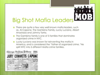 Big Shot Mafia Leaders
   There are quite a few very well known mafia leaders, such
    as, Al Capone, The Gambino Family, Lucky Luciano, Albert
    Anastasia and Johnny Torrio.
   The Gambino family is one of 5 families that dominates
    organized crime in NYC.
   Lucky Luciano was known for reinventing the mafia in
    America, and is considered the “father of organized crime. "He
    split NYC into 5 different Mafia crime families.
 