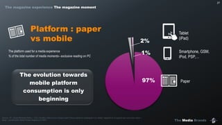 The Media Brands
27
97%
2%
1%The platform used for a media experience
% of the total number of media moments– exclusive reading on PC
Source : IP – Etude Marques Media – Q 6 « Veuillez indiquer pour chaque quart d’heure passé en compagnie d’un média, l’appareil ou le support que vous avez utilisé »
Base : Les Moments Media Presse Magazine (n=897)
Platform : paper
vs mobile
Paper
Smartphone, GSM,
iPod, PSP,…
Tablet
(iPad)
The evolution towards
mobile platform
consumption is only
beginning
The magazine experience The magazine moment
 