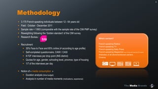 The Media Brands
Methodology
 3.170 French-speaking individuals between 12 - 64 years old
 Field : October - December 2011
 Sample rate = 1/993 (comparable with the sample rate of the CIM PMP survey)
 Reweighting following the ‘Golden standard’ of the CIM survey
 Research Bureau :
 Recruitment
 35% Face to Face and 65% online (≠ according to age profile)
 Self-completed questionnaire, CAWI / CASI
 8 F2F interviews per drop point (INS district)
 Quotas for age, gender, schooling level, province, type of housing
 1/7 of the interviews per day
 Notion of « media consumption »
 Duration analysis (time budget)
 Analysis in number of media moments (motivations, experience)
3
Which carriers?
French-speaking Radios
French-speaking TV
French-speaking Daily Press
French-speaking Magazines (excl. those with less than 5% reach)
Websites of all aforementioned carriers
Cinema
 