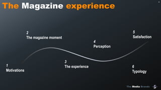 The Media Brands
4
1
Motivations
2
The magazine moment
3
The experience
4
Perception
6
Typology
5
Satisfaction
The Magazine experience
 