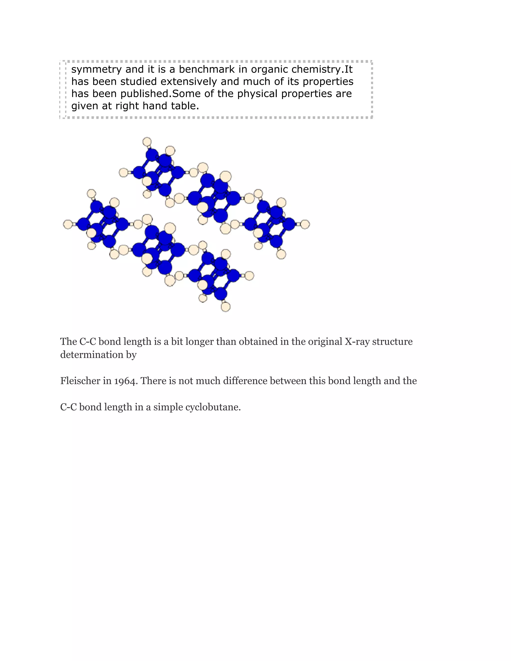 symmetry and it is a benchmark in organic chemistry.It
has been studied extensively and much of its properties
has been published.Some of the physical properties are
given at right hand table.

The C-C bond length is a bit longer than obtained in the original X-ray structure
determination by
Fleischer in 1964. There is not much difference between this bond length and the
C-C bond length in a simple cyclobutane.

 