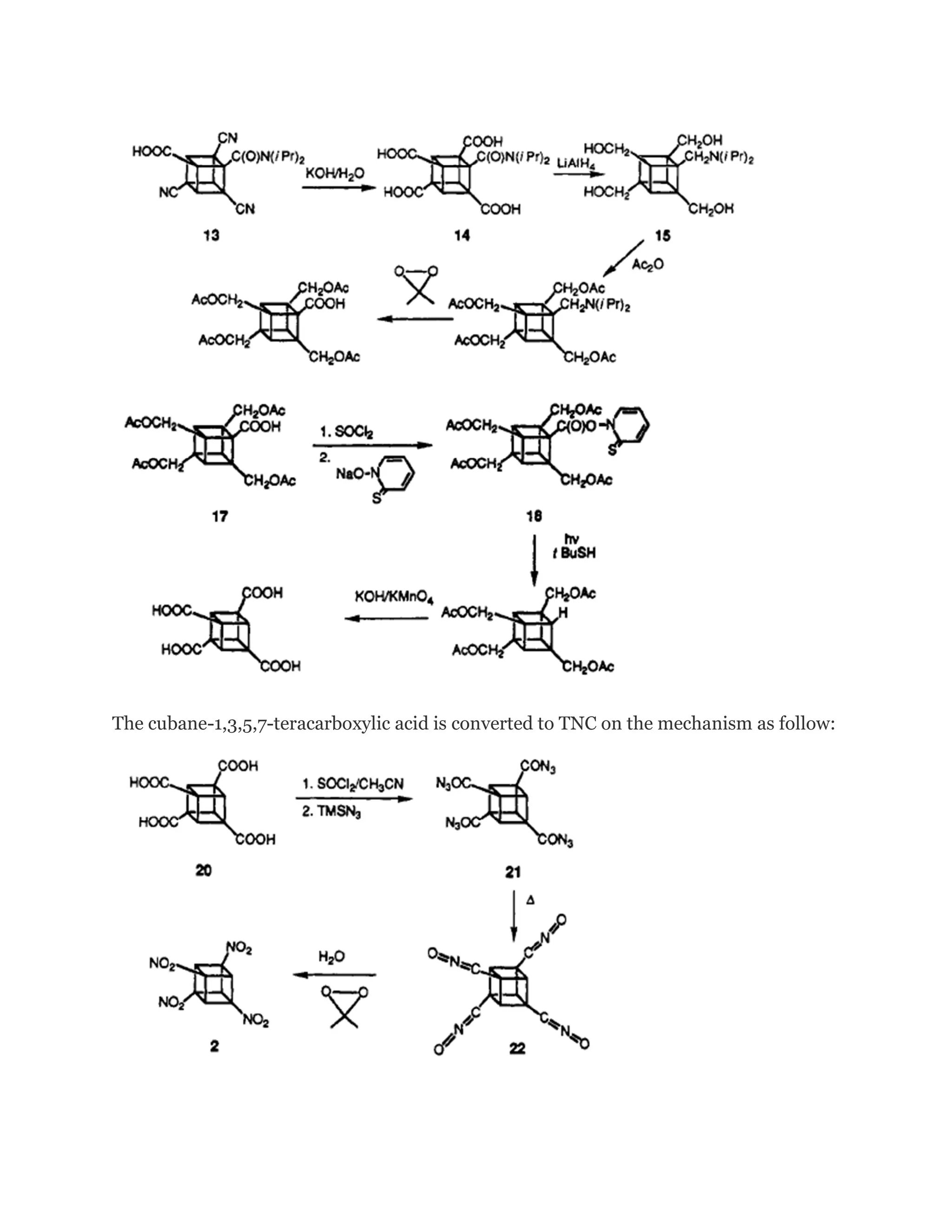 The cubane-1,3,5,7-teracarboxylic acid is converted to TNC on the mechanism as follow:

 