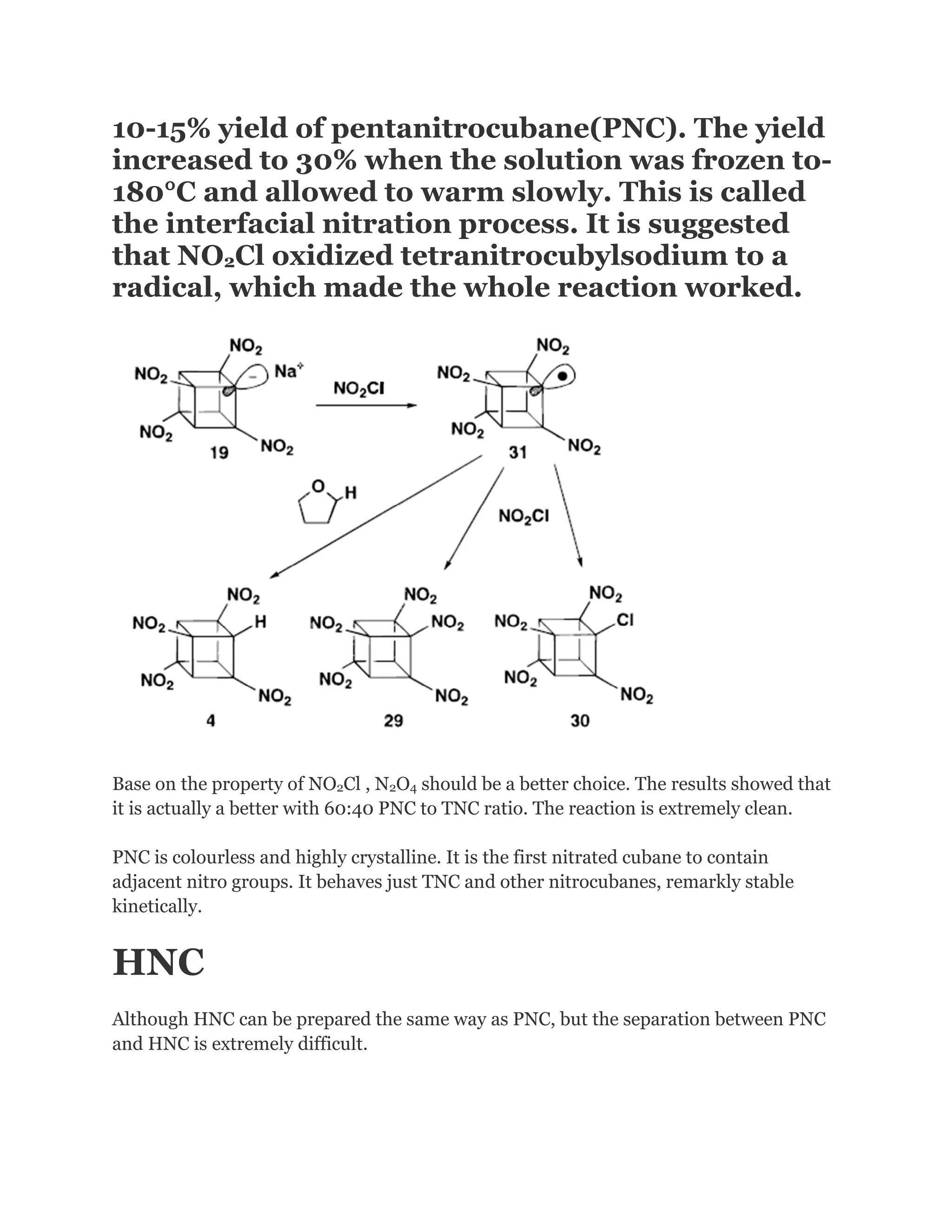 10-15% yield of pentanitrocubane(PNC). The yield
increased to 30% when the solution was frozen to180°C and allowed to warm slowly. This is called
the interfacial nitration process. It is suggested
that NO2Cl oxidized tetranitrocubylsodium to a
radical, which made the whole reaction worked.

Base on the property of NO2Cl , N2O4 should be a better choice. The results showed that
it is actually a better with 60:40 PNC to TNC ratio. The reaction is extremely clean.
PNC is colourless and highly crystalline. It is the first nitrated cubane to contain
adjacent nitro groups. It behaves just TNC and other nitrocubanes, remarkly stable
kinetically.

HNC
Although HNC can be prepared the same way as PNC, but the separation between PNC
and HNC is extremely difficult.

 