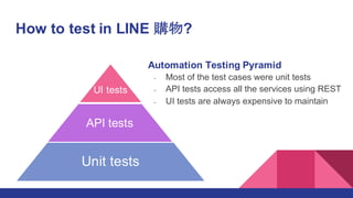 How to test in LINE 購物?
UI tests
API tests
Unit tests
Automation Testing Pyramid
- Most of the test cases were unit tests
- API tests access all the services using REST
- UI tests are always expensive to maintain
 