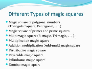 Different Types of magic squares
Magic square of polygonal numbers
(Triangular,Square, Pentagonal, . . . )
Magic square of primes and prime squares
Multi magic square (Bi magic, Tri magic, . . . )
Multiplication magic square
Addition multiplication (Add-mult) magic square
Distributive magic square
Reversible magic square
Palindrome magic square
Domino magic square
 