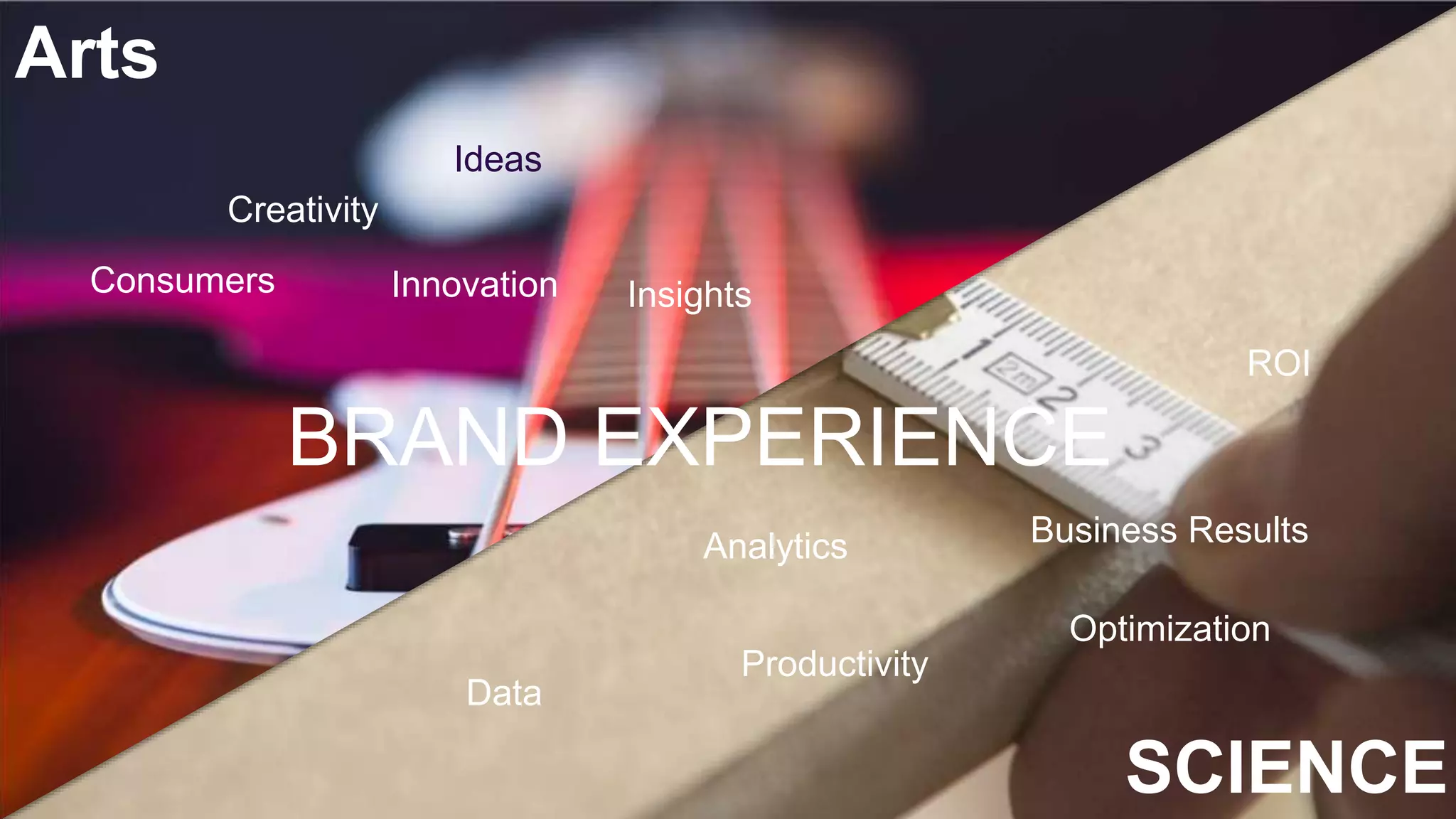 Arts
Innovation
Creativity
Ideas
Analytics Business Results
Productivity
Optimization
Insights
BRAND EXPERIENCE
SCIENCE
Consumers
Data
ROI
 