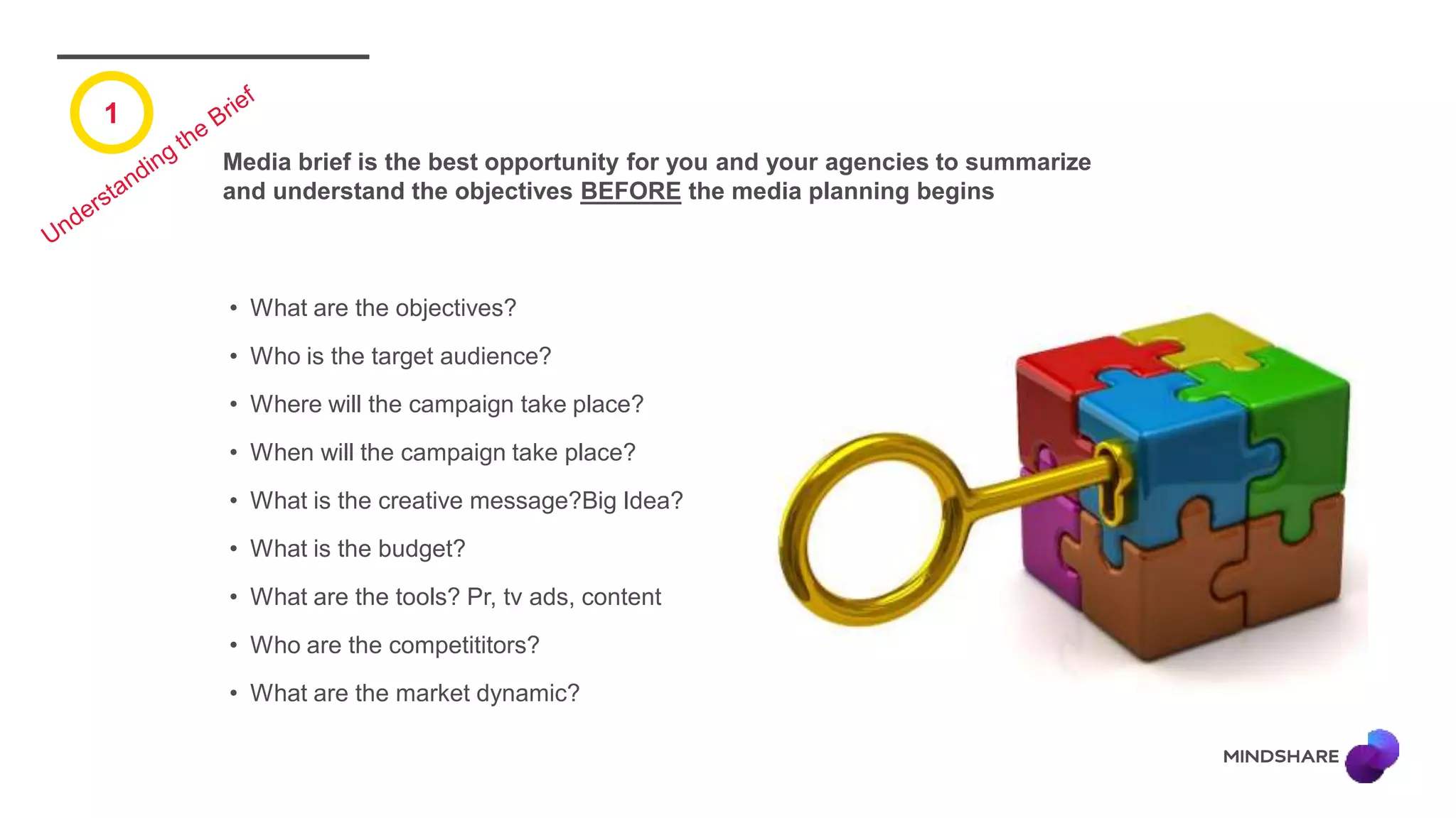 1
Media brief is the best opportunity for you and your agencies to summarize
and understand the objectives BEFORE the media planning begins
• What are the objectives?
• Who is the target audience?
• Where will the campaign take place?
• When will the campaign take place?
• What is the creative message?Big Idea?
• What is the budget?
• What are the tools? Pr, tv ads, content
• Who are the competititors?
• What are the market dynamic?
 