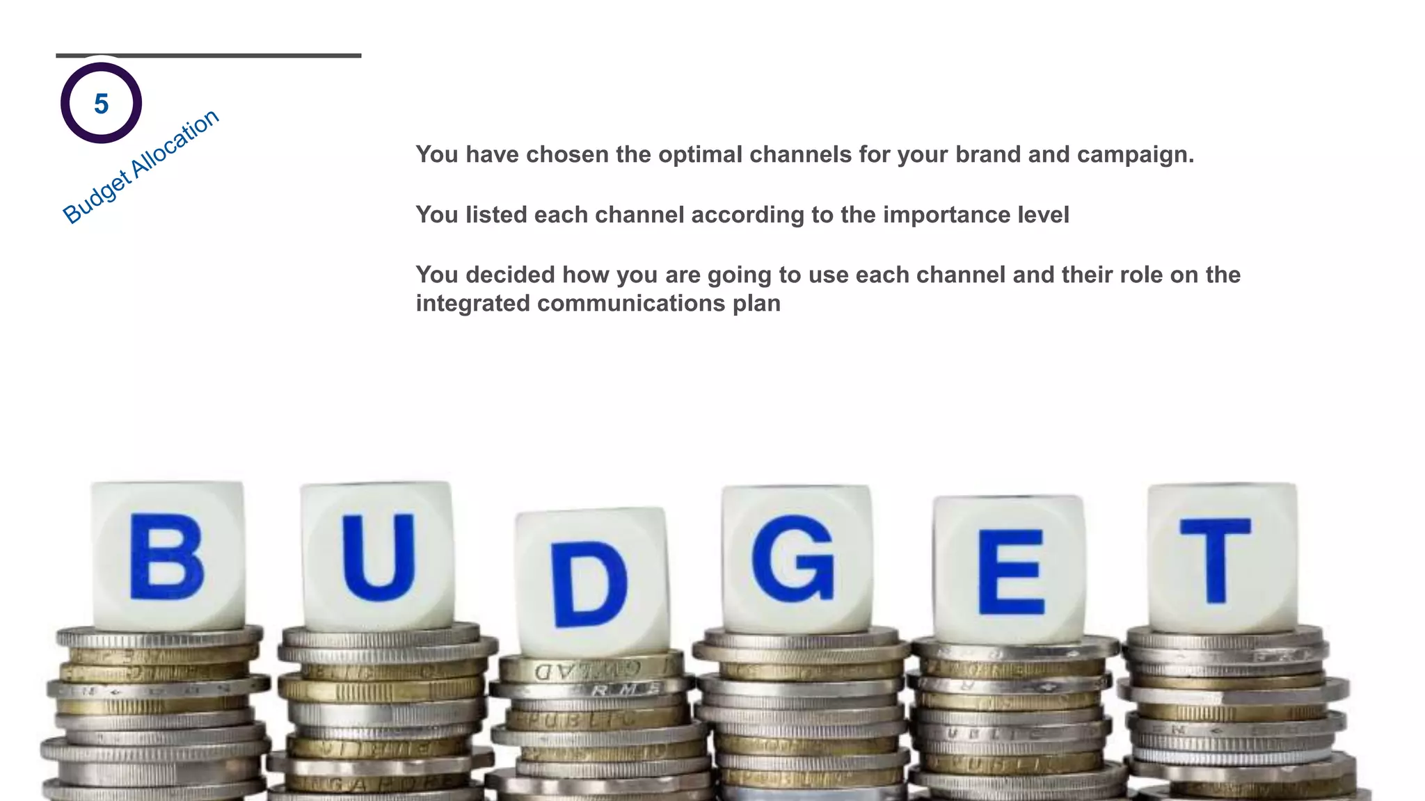 You have chosen the optimal channels for your brand and campaign.
You listed each channel according to the importance level
You decided how you are going to use each channel and their role on the
integrated communications plan
5
 