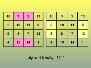 16 3 2 13
5 10 11 8
9 6 7 12
4 15 14 1
And these, 34 !
16 3 2 13
5 10 11 8
9 6 7 12
4 15 14 1
 