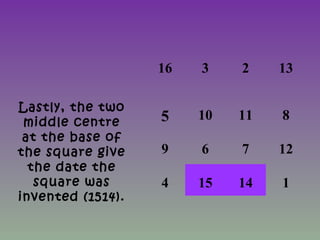 16 3 2 13
5 10 11 8
9 6 7 12
4 15 14 1
Lastly, the two
middle centre
at the base of
the square give
the date the
square was
invented (1514).
 