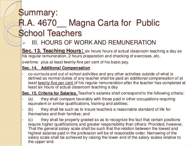 expectations on magna carta for school teachers This is my shortened version of this republic act i chose and highlighted the words i deemed important at the bottom of the page is the online source please feel free to leave any comments, suggestions, or reactions the magna carta for public school teachers republic act no 4670 approved on june 18, 1966 contents. expectations on magna carta for school teachers This is my shortened version of this republic act i chose and highlighted the words i deemed important at the bottom of the page is the online source please feel free to leave any comments, suggestions, or reactions the magna carta for public school teachers republic act no 4670 approved on june 18, 1966 contents.