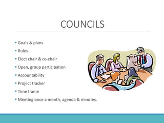 COUNCILS
 Goals & plans
 Rules
 Elect chair & co-chair
 Open, group participation
 Accountability
 Project tracker
 Time frame
 Meeting once a month, agenda & minutes.
 