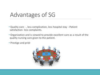 Advantages of SG
• Quality care - , less complication, less hospital stay --Patient
satisfaction- less complaints.
• Organization and is viewed to provide excellent care as a result of the
quality nursing care given to the patient.
• Prestige and pride.
 