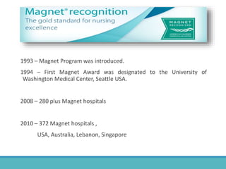 1993 – Magnet Program was introduced.
1994 – First Magnet Award was designated to the University of
Washington Medical Center, Seattle USA.
2008 – 280 plus Magnet hospitals
2010 – 372 Magnet hospitals ,
USA, Australia, Lebanon, Singapore
 