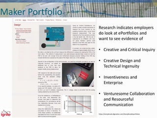 Maker Portfolio
Research indicates employers
do look at ePortfolios and
want to see evidence of
• Creative and Critical Inquiry
• Creative Design and
Technical Ingenuity
• Inventiveness and
Enterprise
• Venturesome Collaboration
and Resourceful
Communication
https://stonybrook.digication.com/StonyBrookEportfolios
 