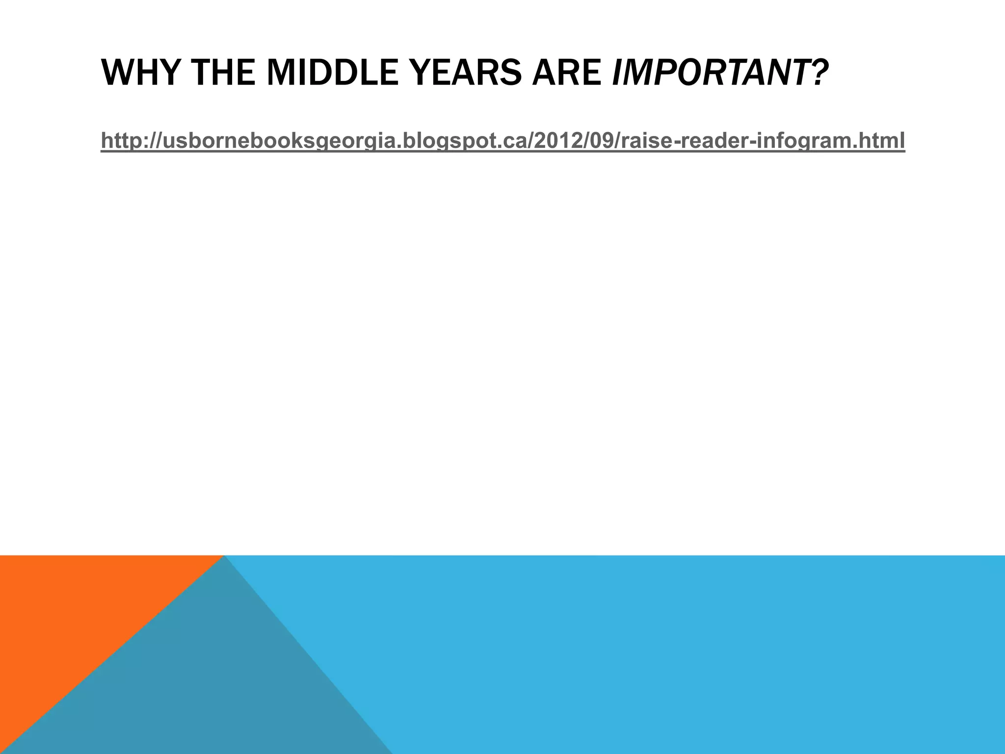 WHY THE MIDDLE YEARS ARE IMPORTANT?
http://usbornebooksgeorgia.blogspot.ca/2012/09/raise-reader-infogram.html

 