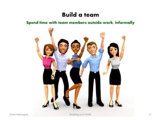 Build a team
Spend time with team members outside work, informally
Vivek Hattangadi 17Building an E-TEAM
 