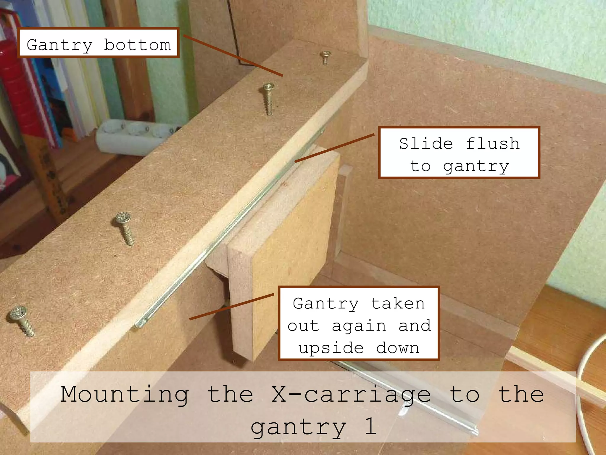 Mounting the X-carriage to the gantry 1 Gantry taken out again and upside down Gantry bottom Slide flush to gantry 