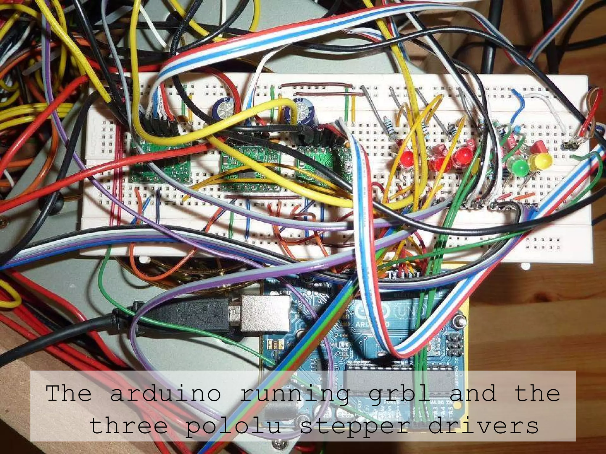 The arduino running grbl and the three pololu stepper drivers 