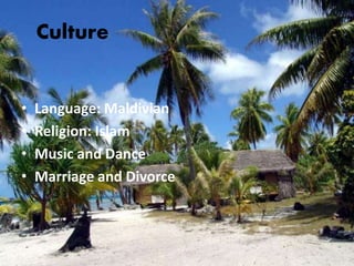 Culture
• Language: Maldivian
• Religion: Islam
• Music and Dance
• Marriage and Divorce
 