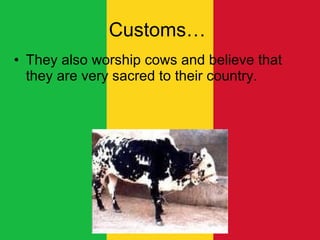 Customs…  They also worship cows and believe that they are very sacred to their country.  