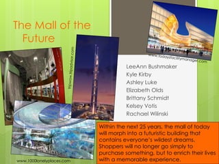 The Mall of the
  Future

                                     LeeAnn Bushmaker
                                     Kyle Kirby
                                     Ashley Luke
                                     Elizabeth Olds
                                     Brittany Schmidt
                                     Kelsey Votis
                                     Rachael Wilinski

                           Within the next 25 years, the mall of today
                           will morph into a futuristic building that
                           contains everyone’s wildest dreams.
                           Shoppers will no longer go simply to
                           purchase something, but to enrich their lives
www.1000lonelyplaces.com   with a memorable experience.
 