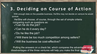 3. Deciding on Course of Action
With enough data on the possible business. He/She may not decide on venture he would
pursue.
He/She will choose, of course, through the set of simple criteria
comparing such as questions as:
Putting the answers on a check list, which compares the advantages and
disadvantages of the three ventures will help you make the final choice.
✓Will the business be cost-effective?
✓Can he do the job?
✓Can he do it every day?
✓Do he like the job?
✓Will there be too much competition among sellers?
 